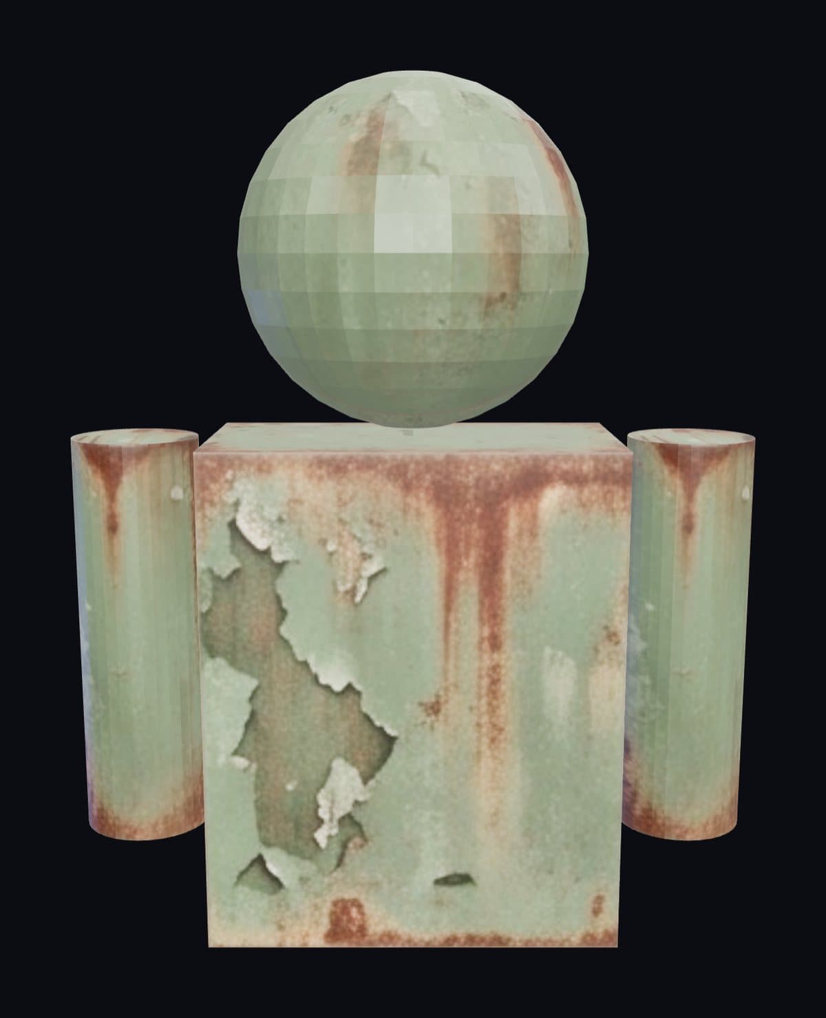 The same robot repainted as weathered steel with peeling military-green paint and rust streaks